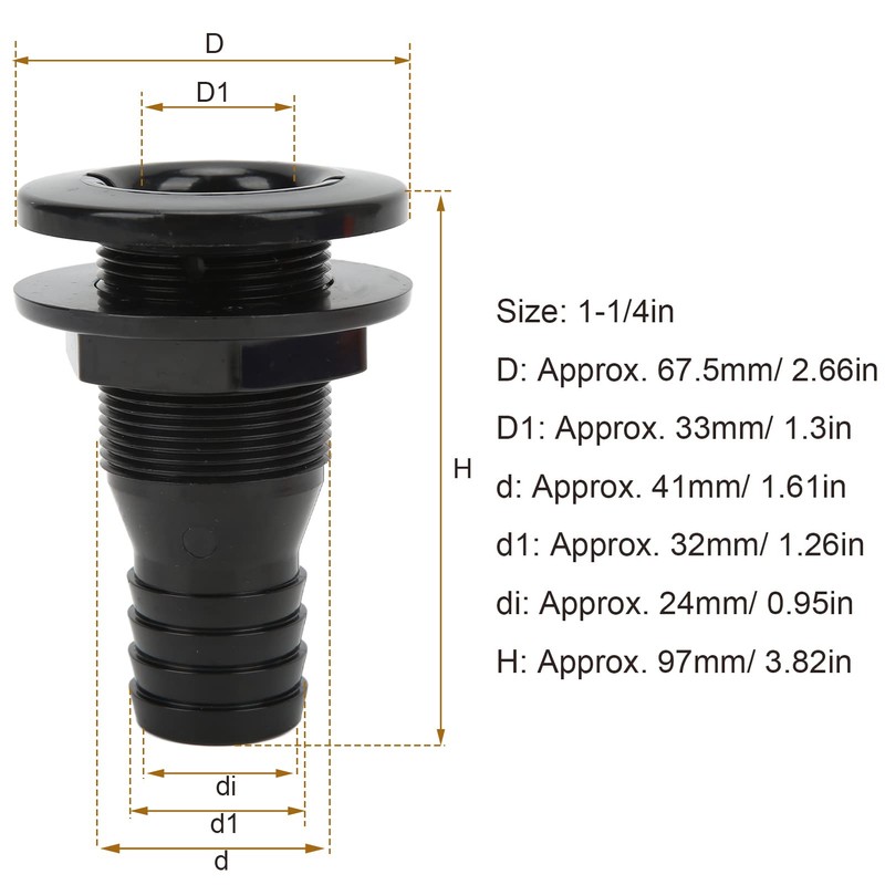 Thru Hull Fitting, 1‑1/4in Plastic Marine Thru Hull Exhaust Fittings