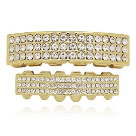 Psivika 3 Rows Diamond Grills Gold Plated Shiny Hip Hop Teeth Grillz Caps Iced Out CZ Top and Bottom Vampire Fangs Grillz for Men and Women (Gold)