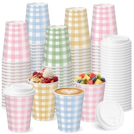 60 Pack Gingham Disposable Coffee Cups with Lids 12oz Pastel Checkered Paper Cups Bulk for Tea Coffee Hot Cocoa Pastel Plaid Party Supplies for Gender Reveal Baby Showers Bridal Showers