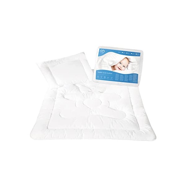 Baby Comfort Quilted Duvet & Flat Pillow Filling Set All Seasonal Cot, Cot Bed Size White Bear Design (120x90 cm)