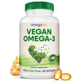 OmegaVia Vegan Omega 3 Supplement, Algae Omega 3 Fish Oil Alternative, 300mg Vegan DHA Fatty Acids, Plant Based, Planet and Ocean Friendly, IAOS 5 Star Tested, 60 Softgels