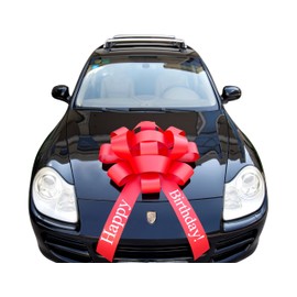30" Giant Car Bow - Happy Birthday | Magnetic Red Car Bow with Happy Birthday Written on Both Tails | Weather Resistant and Waterproof Vinyl Car Bow with Non-Scratch Magnet