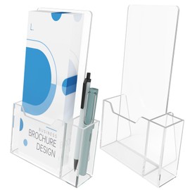 NiOffice 2-Pack Clear Acrylic Brochure Holders 4x9 with Pen Slot, Countertop Display Stands for Flyers, Pamphlets, Menus, Rack Cards, Magazines, Leaflets, Sturdy Back Panels for Desk or Reception Use