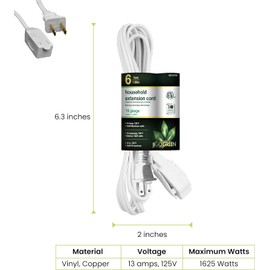GoGreen Power Inc. (GGN-24706-5) 16/2 6' Household Extension Cord, 3 Outlets, White, 6ft, 5 Pack