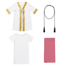 Muslim Clothes for Baby Boy Arabian Robe Red Plaid Turban Scarf Newborn Islamic Thobe Eid Ramadan Dubai Attire Infant Middle East Abaya Saudi Turkish Kaftan Kurta White (4PCS) 6-12 Months
