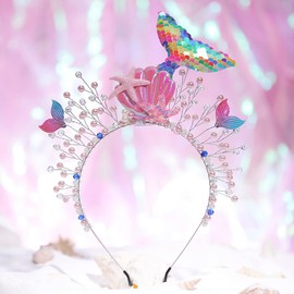 Campsis Pearl Mermaid Tail Headband Pink Sequins Mermaid Headpiece Starfish Ctystals Girls Hair Accessories Bithday Party Beach Rave Hair Accessories