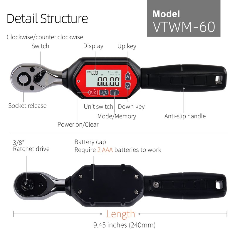 Llave dinamométrica digital con cuadro de 3/8", 1,33-44,25 lb-pie (1,8-60