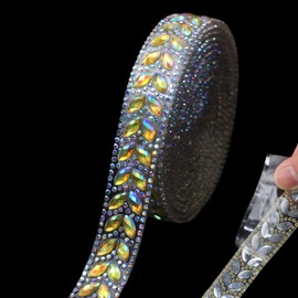 3 Yard Rhinestone Trim Chain, Yellow Ab Crystal Beads String Diamante Ribbon Bling Strips Sewing Fringe Tassel Sewing for DIY Party Wedding Bouquet Dress Decoration Bridal Costume Embellishment