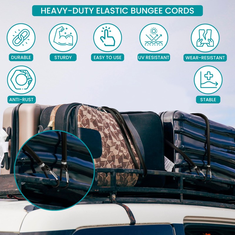 Belle Vous Black Bungee Cords/Tensioning Straps with Carabiner Hooks (4