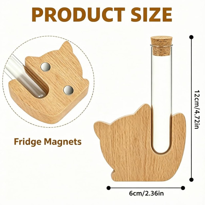 Cat Whisker Holder Fridge Magnet, Clear Glass vases with Wooden