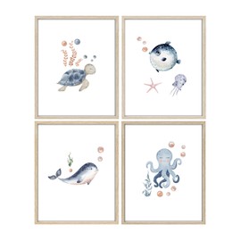 IKORNUO Bathroom Pictures and Wall Art, Sea Turtle Octopus Whale Pictures for Bathroom Decor, Set of 4, 8 x 10 inches, Unframed
