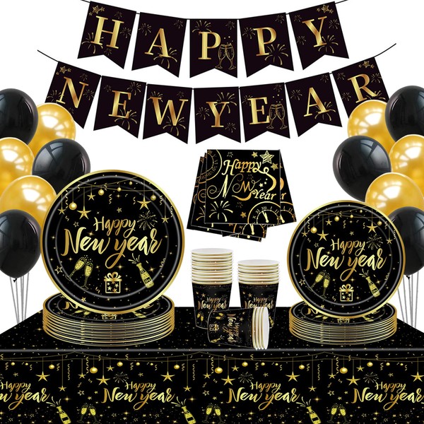New Year's Eve Decoration Tableware Set, 2024 New Year's Eve Party Accessories, Happy New Year Party Tableware Set for 16 People with Happy New Year Banner, Plates, Napkins and Tablecloth, Balloons