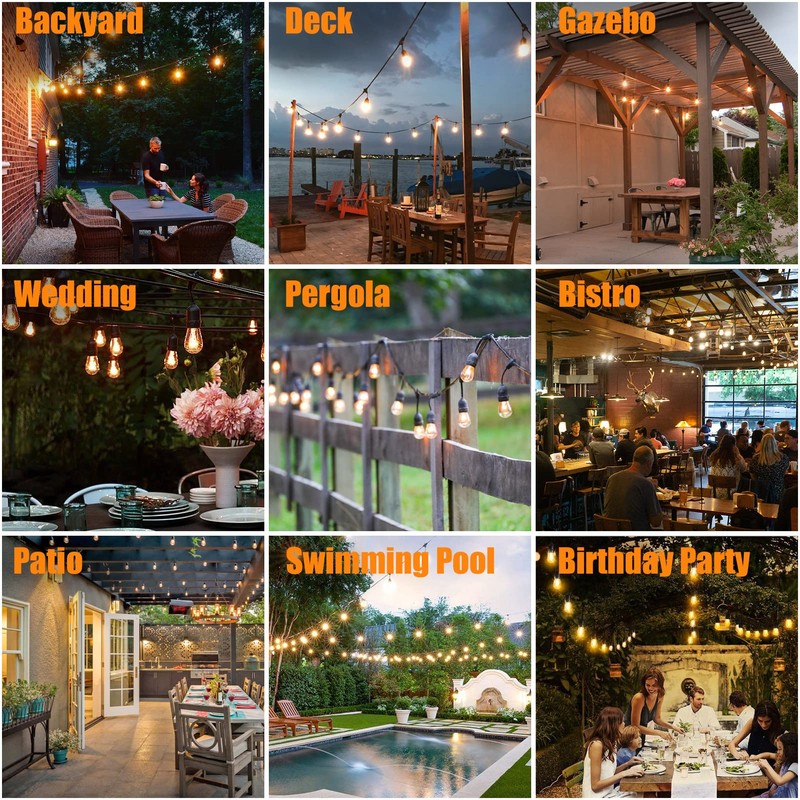 Achin Outdoor String Lights 48FT Dimmable Warm 2200K LED Patio