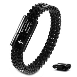 Mens Cross Bible Verse Bracelet Chain,Stainless Steel Christian Jesus Scripture Black Men's Bracelets,Religious Gifts for Men Boyfriend (Matthew 19:26)