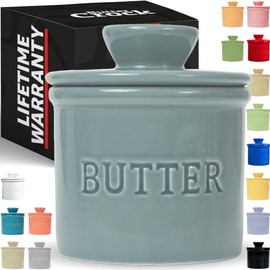 Priority Chef PriorityChef French Butter Crock with Lid, Get on Demand Spreadable Butter, Ceramic Butter Keeper to Leave on Counter with Water Line, Light Grey