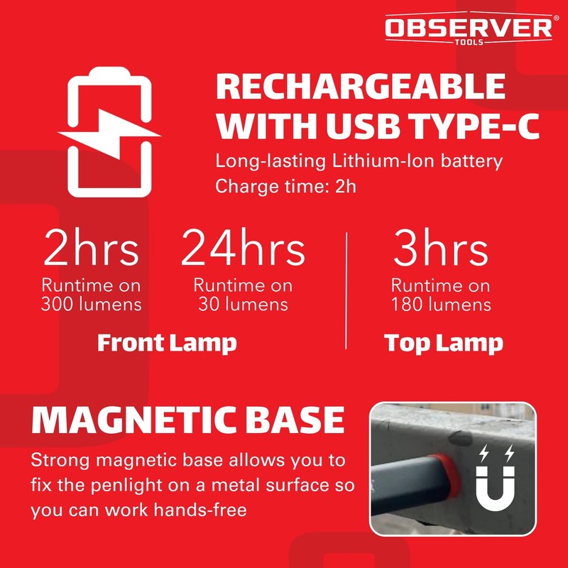 Observer Tools 300 Lumen Rechargeable Penlight: Magnetic Base, Integrated Clip,