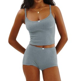 RUEWEY Women Floral Pajama Set Spaghetti Strap Lace Cami Crop Tops and Shorts Knit Lounge Set 2 Piece Outfits (B-Blue, S)