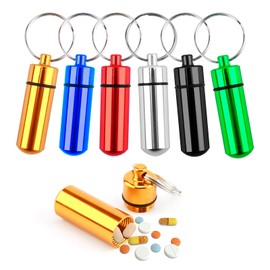 Pack of 6 Pill Box Key Ring Aluminium Alloy 14 x 48 mm Pill Box Small for On the Go Pill Box Metal Pill Box Waterproof Pill Box Small for Travel, Camping, Outdoor (6 Colours)