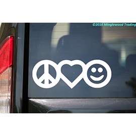 Minglewood Trading Peace Love Happiness Vinyl Decal Sticker 7" x 2.5" Peace Sign Heart Smiley Face Black