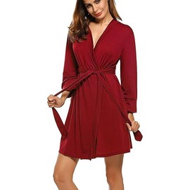 Ekouaer Womens Bathrobes Knee Length Short House Robe Lightweight 3/4 Sleeve Summer Robe Knit Soft Robe Petite Sleepwear Robes with Pockets Rose Red L