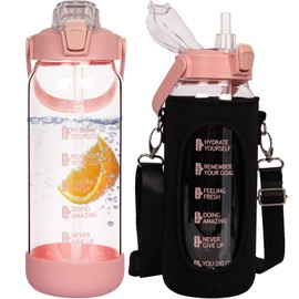 Seekua 48 oz Glass Water Bottle with Straw and Time Marker, Large Motivational Borosilicate Glass Drinking Bottle with Silicone Boot and Sleeve