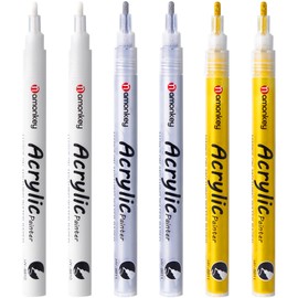 RONRYXA White, Silver & Gold Paint Marker Pens 6 Pack 1.2mm Fine Tip, Permanent Acrylic Ink for Rock, Wood, Metal, Glass, Ceramic, Plastic, Canvas, Pens for DIY Crafts, Art & Fine Detailing
