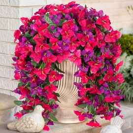 2 pcs Artificial Faux Bougainvillea Flowers Plants for Outdoor Outside Summer Decoration, Fake Silk UV Resistant Long Trailing Vines for Front Door Porch Planter Balcony (Rose Deep Lotus) - Color: Double Lotus