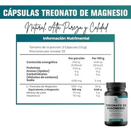 NAIMA Treonato de Magnesio, 100 Cápsulas | Con Hongo Melena de León y Vitamina C | Suplemento Alimenticio 100% Puro y Natural| Concentración, Mente Ac