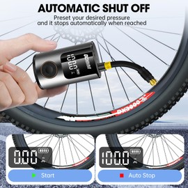 Portable Bike Pump, Mini Electric Bike Pump 120PSI with Digital Display, Presta/Schrader Valves, Automatic Shut-Off
