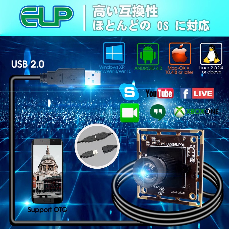 ELP 1600万画素 USBカメラ パソコン 小型 Webカメラ 広角 75度歪曲なしレンズ 4K USB