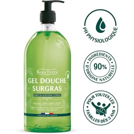 BeauTerra Gel de Ducha Ultra Hidratante Verbena Limón. Gel Corporal Limpiador hidratante, 0% jabón, pieles secas o sensibles. Cuerpo y cabello - 1 L