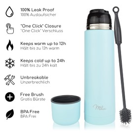 Milu Thermos Flask, Thermos Jug, 1 L, 750 ml, 500 ml, Insulated Stainless Steel Drinking Bottle, 100% Leak-Proof, Double Wall Insulation (Baby Blue, 750 ml)