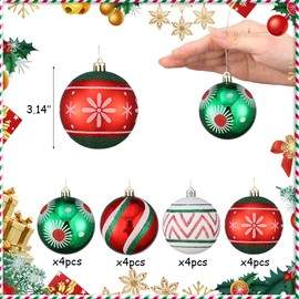 16Pcs Christmas Ornaments 3.15'' Shatterproof Red Green and White Bulbs Pendants Hanging Balls for Christmas Tree Xmas New Year Party Decorations