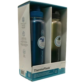 ThermoFlask Stainless Steel Water Bottle, 40 oz, 2-Pack (Silver/Blue Brushed)