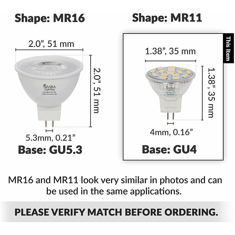 Simba Lighting [4 Pack] LED MR11 3W 20W 12V Halogen