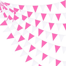 32Ft Rose Hot Pink White Pennant Banner Fabric Triangle Flag Cotton Bunting Garland Kit for Wedding Birthday Baby Shower Anniversary Party Home Nursery Outdoor Garden Hanging Festivals Decoration