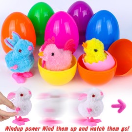 12 Pack Jumbo Easter Eggs Filled with Wind Up Toys, Colorful Plastic Egg with Wind-Up Jumping Chicks Bunny Plush for Kids Easter Basket Stuffers Fillers Easter Hunt Party Favor for Toddlers Boys Girls