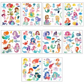 Mermaid Temporary Tattoos for Girls,Kids,10 Sheets Kids Tattoos Waterproof Fake Tattoos Mermaid Cartoon Tattoo Stickers for Children's Stick on Tattoos Mermaid Theme Birthday Gift Party Bag Filler