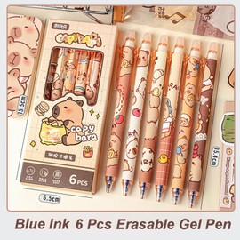 6 Pcs Capybara Erasable Gel Pens Retractable Pens - Erasable Gel Ink Pens Cute Cartoon Design, 0.5mm Fine Point Blue Ink, Perfect for Office, School