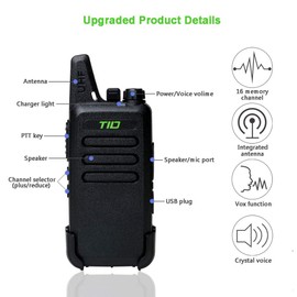 TIDRADIO TD-M8 2 Way Radio Walkie Talkies Rechargeable 16 CH VOX License-Free Walkie Talkies for Adults Two Way Radio with Earpiece 10 Pack