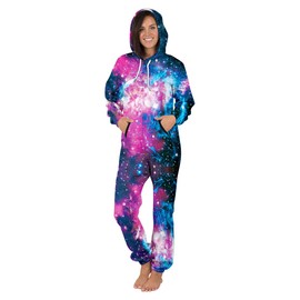 Nawoshow Womens Zip-up 3D Pattern Long Sleeve Playsuit Jumpsuit Onesie (Galaxy, L/XL)