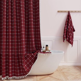BTTN Boho Farmhouse Shower Curtain, Linen Rustic Heavy Duty Fabric Shower Curtain Set with Tassel, Water Repellent, Bohemian Vintage Country Thick Cloth Shower Curtains for Bathroom - Burgundy - 72x72