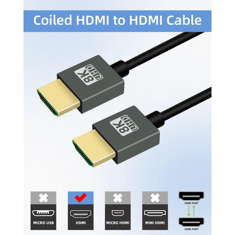 YANBORONSN 8K HDMI Spiral Cable 2.2 ft, Short HDMI to