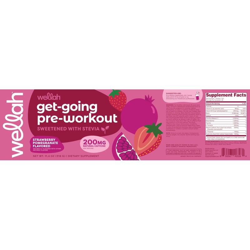Wellah Get-Going Pre-Workout Drink Mix (Strawberry Pomegranate Flavored, 30 Servings)