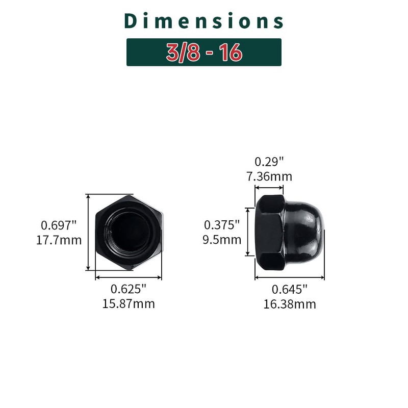 3/8-16 Black Acorn Hex Cap Nuts (20 pcs), 304 Stainless