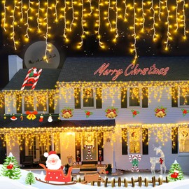 YEGUO 33ft 400 LED Icicle Lights Outdoor, 80 Drops Icicle Christmas Lights Connectable, 8 Modes Warm White Xmas Icicle Lights with Timer Indoor