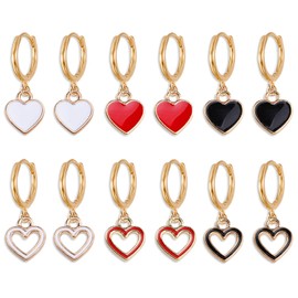 WUWEIJIAJIA 6 Pairs Black White Red Heart-shaped Huggie Hoop Earrings 14k Gold Enamel Dangle Drop Earrings (6-Piece Set)