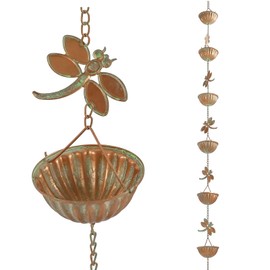 Retrome Dragonfly & Bowl Rain Chains, 8.5 ft Length Decorative Rain Catcher Chain for Gutters Outside, Iron Rain Gutter Replacement Downspout, Patina Color