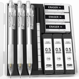 Four Candies Pastel Mechanical Pencil Set with Case, 3 Transparent White 0.5 mm Mechanical Pencils with 180 HB Pencil Leads, 3 Erasers and 9 Eraser Refills for Children's Writing Sketching