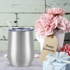 6 Pack Stainless Steel Wine Tumblers, 12Oz Insulated Wine Tumbler, Double Wall Insulated Wine Glass, Stainless Steel Stemless Wine Cups with Lids for Coffee, Wine, Cocktails, Champaign, Silver